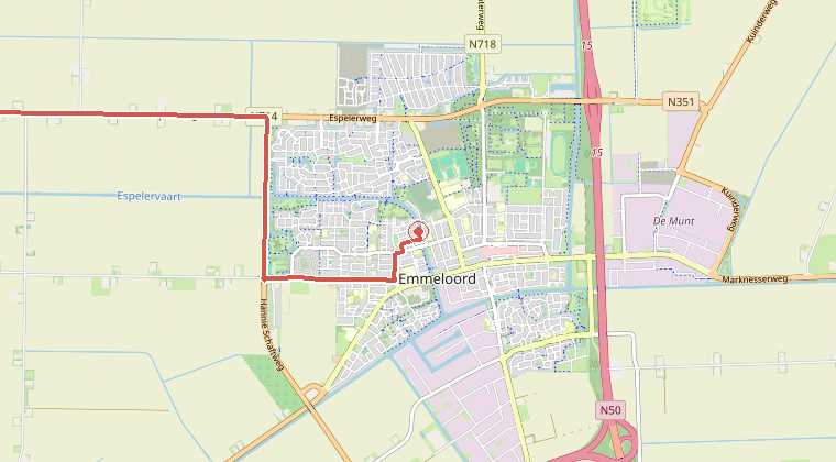 Kaart van de omgeving van de melding, met de kazerne die is gealarmeerd