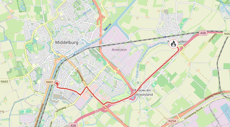 Kaart van de omgeving van de melding, met de kazerne die is gealarmeerd