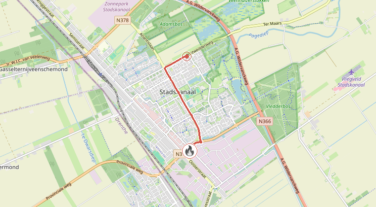 Kaart van de omgeving van de melding, met de kazerne die is gealarmeerd