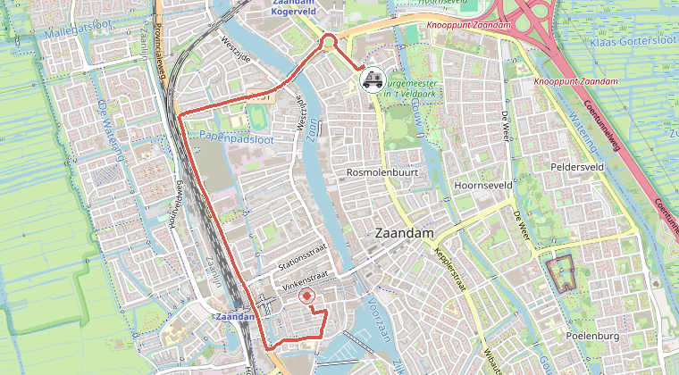 Kaart van de omgeving van de melding, met de kazerne die is gealarmeerd