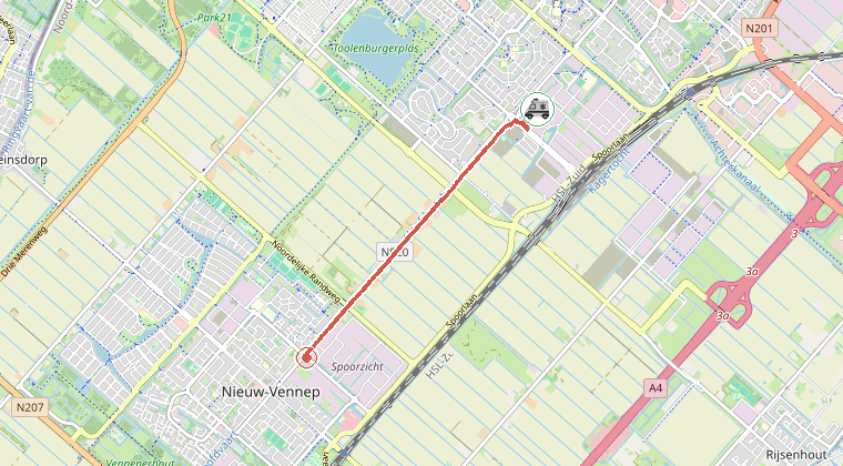 Kaart van de omgeving van de melding, met de kazerne die is gealarmeerd
