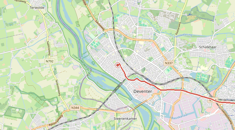 Kaart van de omgeving van de melding, met de kazerne die is gealarmeerd