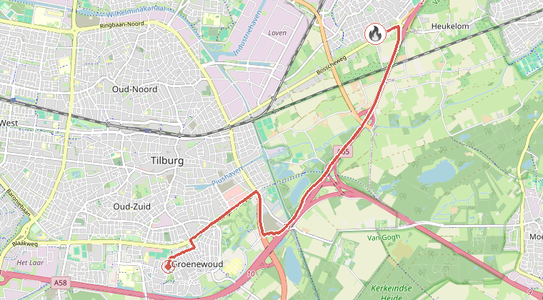Kaart van de omgeving van de melding, met de kazerne die is gealarmeerd