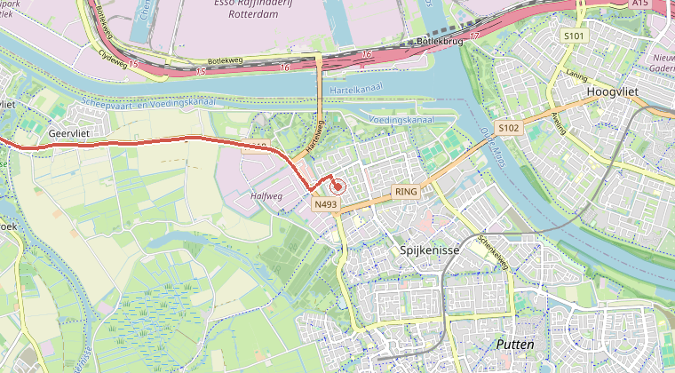 Kaart van de omgeving van de melding, met de kazerne die is gealarmeerd