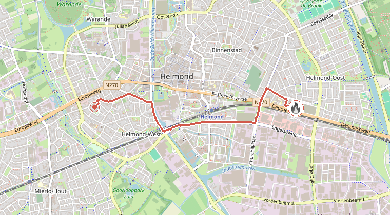 Kaart van de omgeving van de melding, met de kazerne die is gealarmeerd