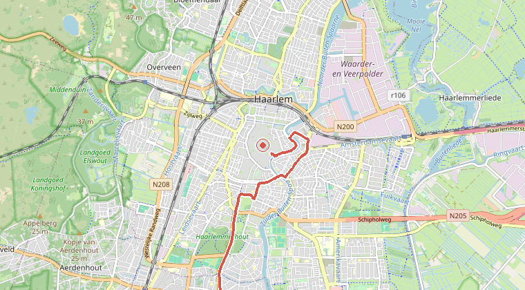 Kaart van de omgeving van de melding, met de kazerne die is gealarmeerd