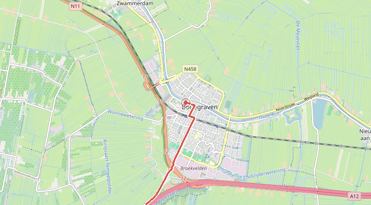 Kaart van de omgeving van de melding, met de kazerne die is gealarmeerd