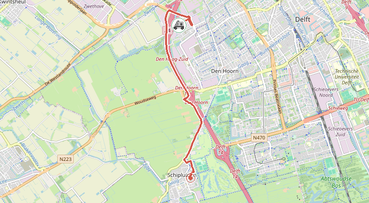 Kaart van de omgeving van de melding, met de kazerne die is gealarmeerd