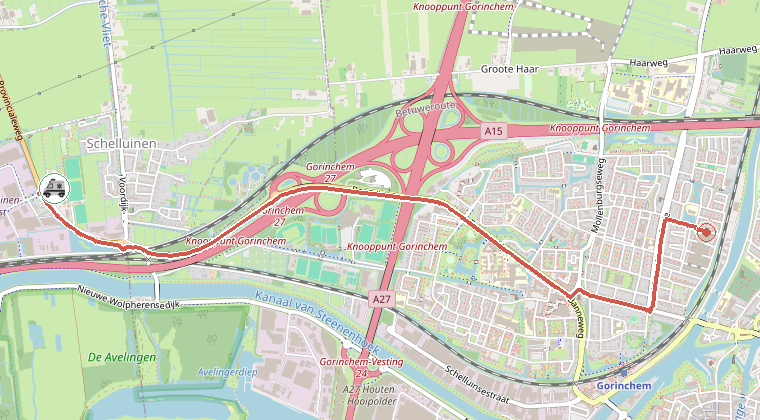 Kaart van de omgeving van de melding, met de kazerne die is gealarmeerd