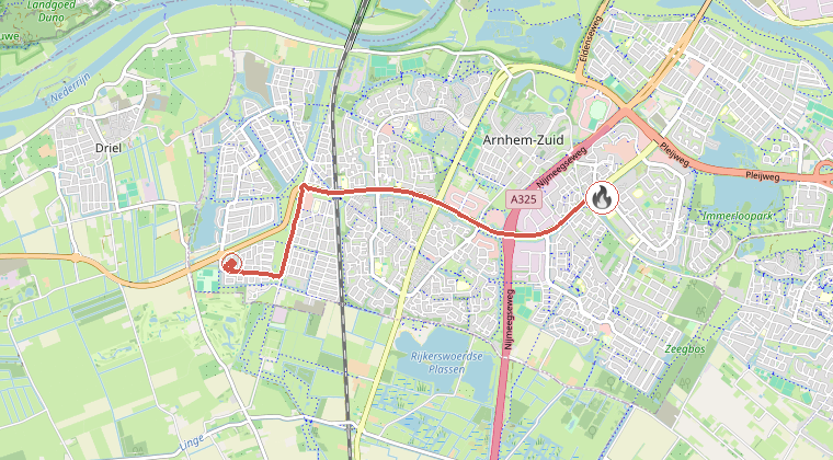 Kaart van de omgeving van de melding, met de kazerne die is gealarmeerd