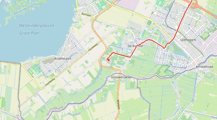 Kaart van de omgeving van de melding, met de kazerne die is gealarmeerd