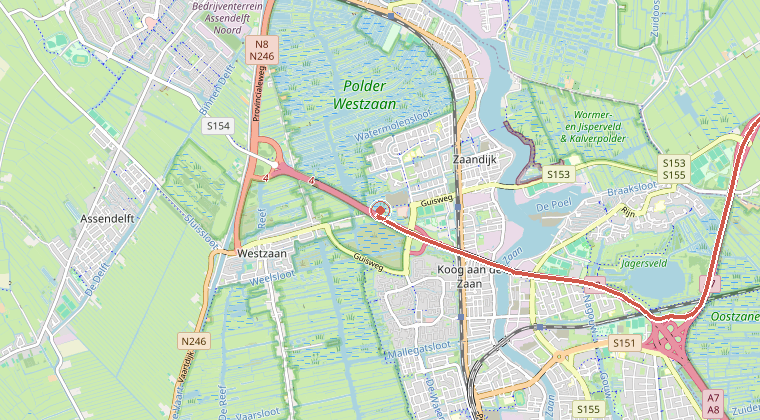 Kaart van de omgeving van de melding, met de kazerne die is gealarmeerd