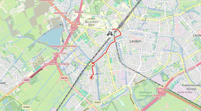 Kaart van de omgeving van de melding, met de kazerne die is gealarmeerd