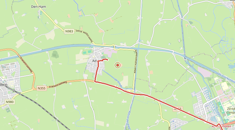 Kaart van de omgeving van de melding, met de kazerne die is gealarmeerd