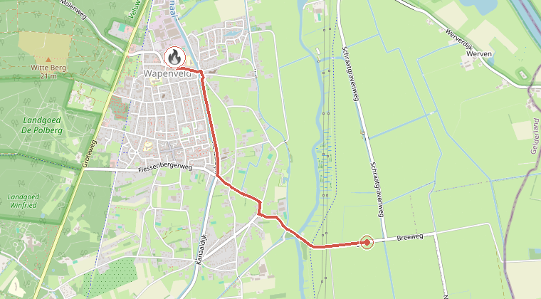 Kaart van de omgeving van de melding, met de kazerne die is gealarmeerd