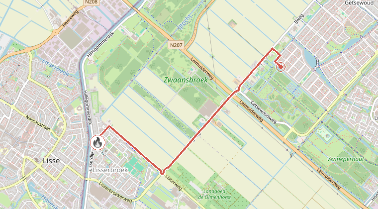 Kaart van de omgeving van de melding, met de kazerne die is gealarmeerd