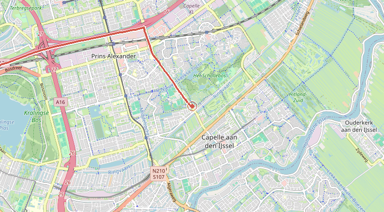 Kaart van de omgeving van de melding, met de kazerne die is gealarmeerd