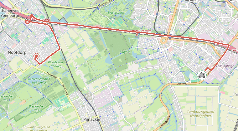 Kaart van de omgeving van de melding, met de kazerne die is gealarmeerd
