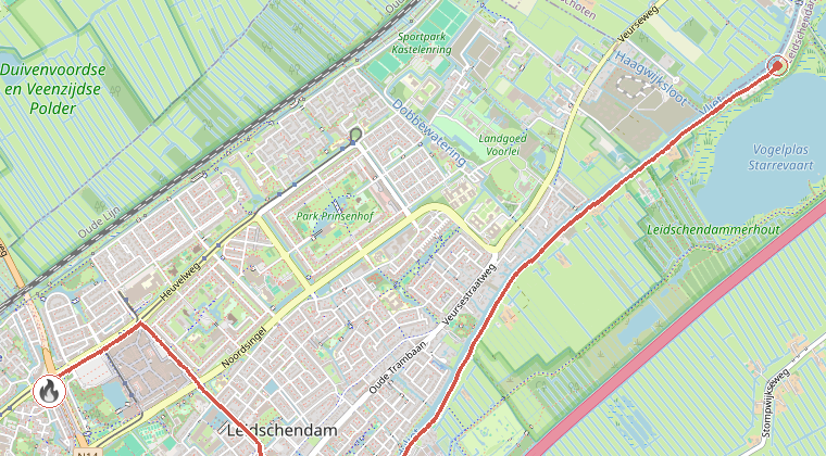 Kaart van de omgeving van de melding, met de kazerne die is gealarmeerd
