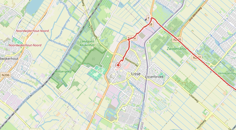Kaart van de omgeving van de melding, met de kazerne die is gealarmeerd
