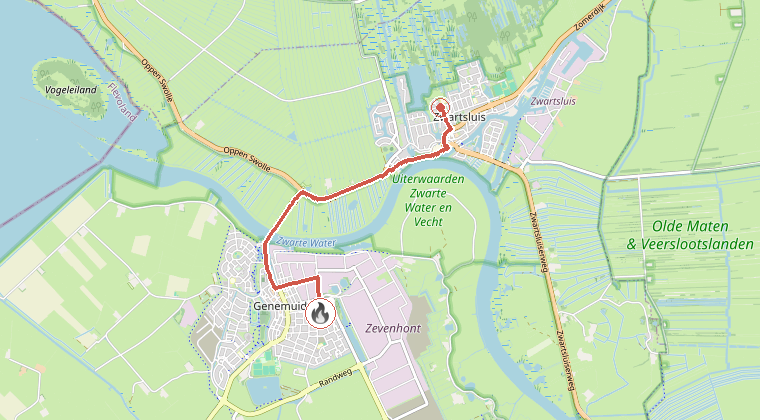 Kaart van de omgeving van de melding, met de kazerne die is gealarmeerd