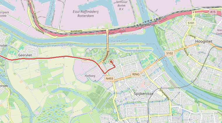 Kaart van de omgeving van de melding, met de kazerne die is gealarmeerd
