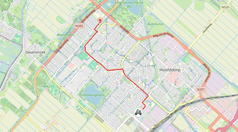 Kaart van de omgeving van de melding, met de kazerne die is gealarmeerd