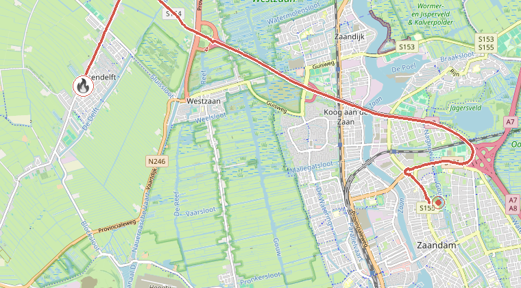 Kaart van de omgeving van de melding, met de kazerne die is gealarmeerd