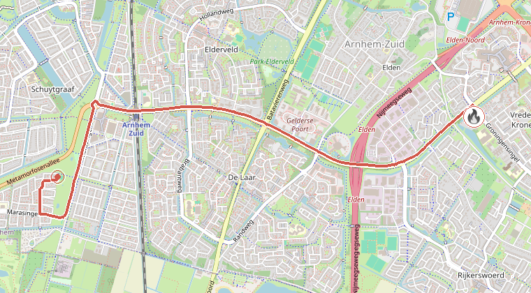Kaart van de omgeving van de melding, met de kazerne die is gealarmeerd