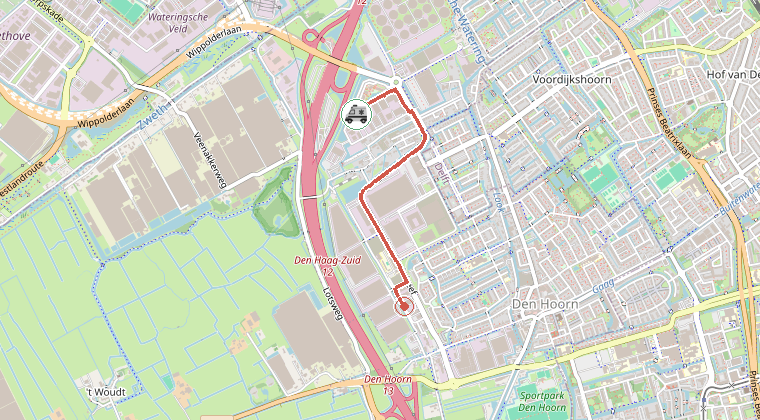 Kaart van de omgeving van de melding, met de kazerne die is gealarmeerd