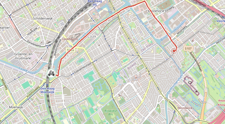 Kaart van de omgeving van de melding, met de kazerne die is gealarmeerd