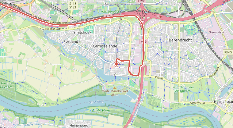 Kaart van de omgeving van de melding, met de kazerne die is gealarmeerd