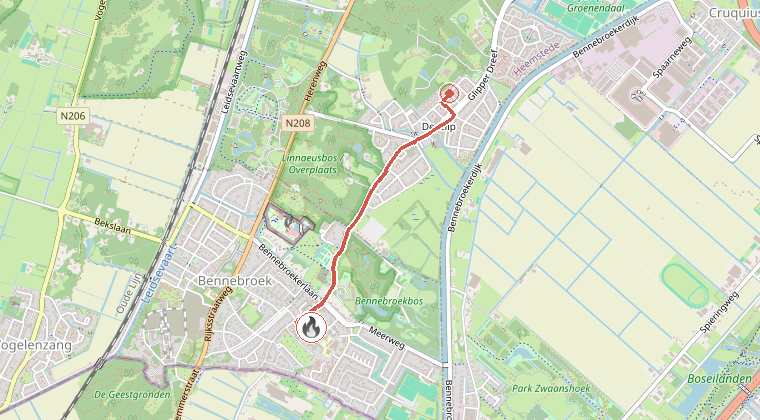 Kaart van de omgeving van de melding, met de kazerne die is gealarmeerd