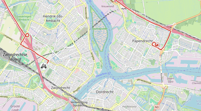 Kaart van de omgeving van de melding, met de kazerne die is gealarmeerd