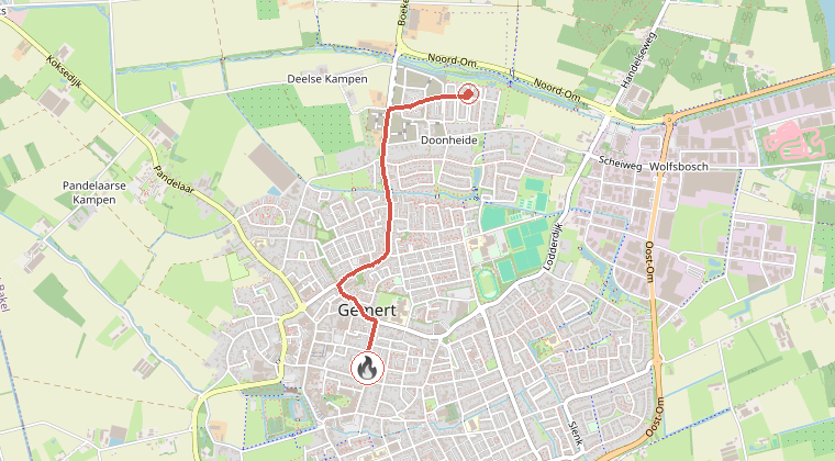Kaart van de omgeving van de melding, met de kazerne die is gealarmeerd
