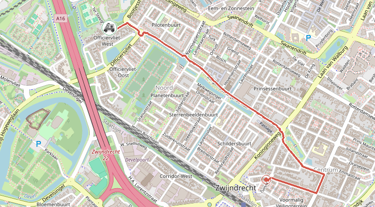 Kaart van de omgeving van de melding, met de kazerne die is gealarmeerd