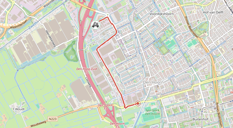 Kaart van de omgeving van de melding, met de kazerne die is gealarmeerd