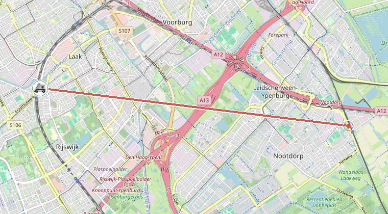 Kaart van de omgeving van de melding, met de kazerne die is gealarmeerd