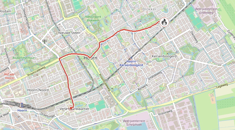 Kaart van de omgeving van de melding, met de kazerne die is gealarmeerd
