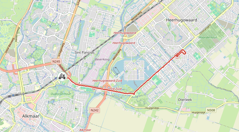 Kaart van de omgeving van de melding, met de kazerne die is gealarmeerd