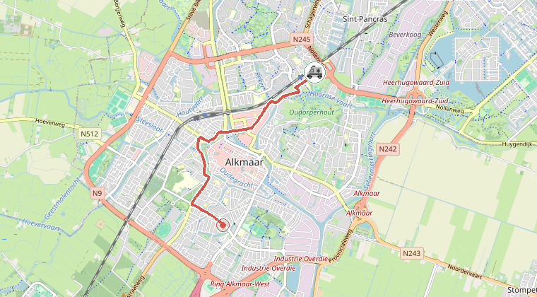 Kaart van de omgeving van de melding, met de kazerne die is gealarmeerd