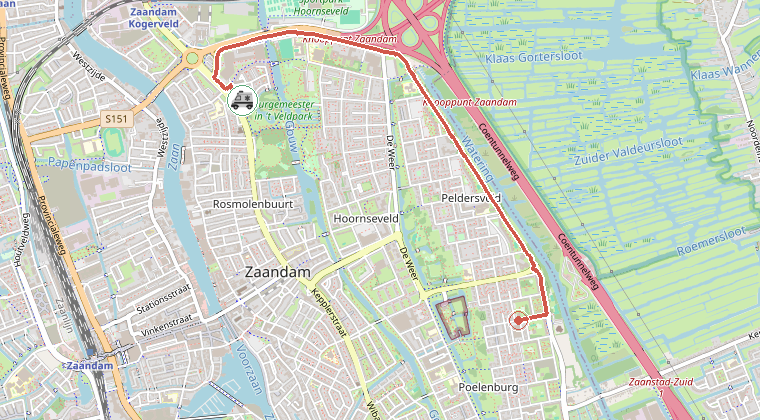 Kaart van de omgeving van de melding, met de kazerne die is gealarmeerd
