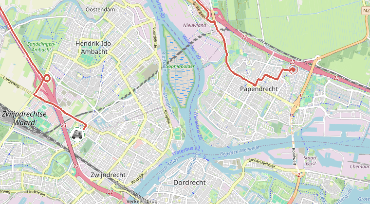 Kaart van de omgeving van de melding, met de kazerne die is gealarmeerd