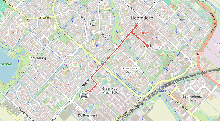 Kaart van de omgeving van de melding, met de kazerne die is gealarmeerd
