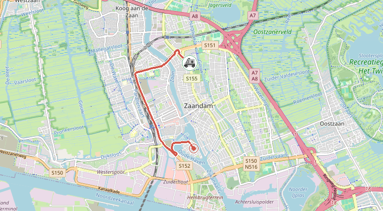 Kaart van de omgeving van de melding, met de kazerne die is gealarmeerd