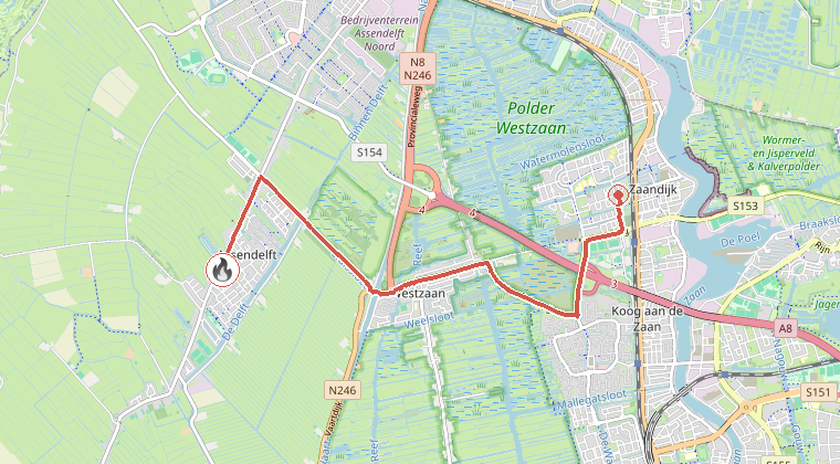 Kaart van de omgeving van de melding, met de kazerne die is gealarmeerd