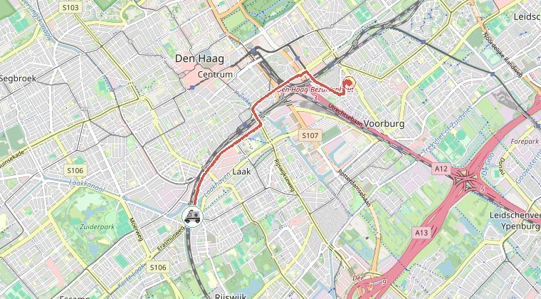 Kaart van de omgeving van de melding, met de kazerne die is gealarmeerd