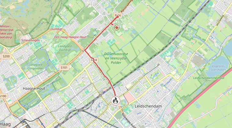 Kaart van de omgeving van de melding, met de kazerne die is gealarmeerd