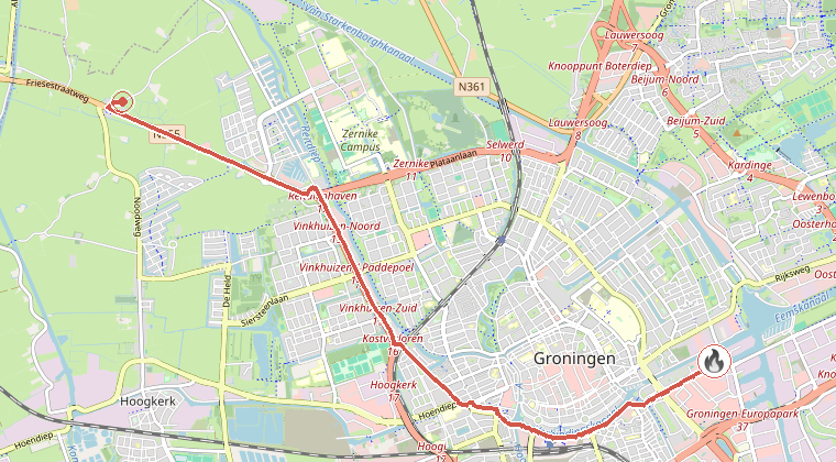 Kaart van de omgeving van de melding, met de kazerne die is gealarmeerd