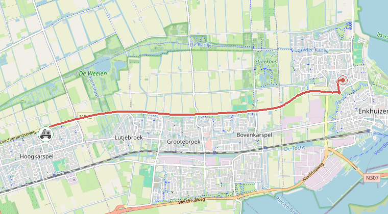 Kaart van de omgeving van de melding, met de kazerne die is gealarmeerd